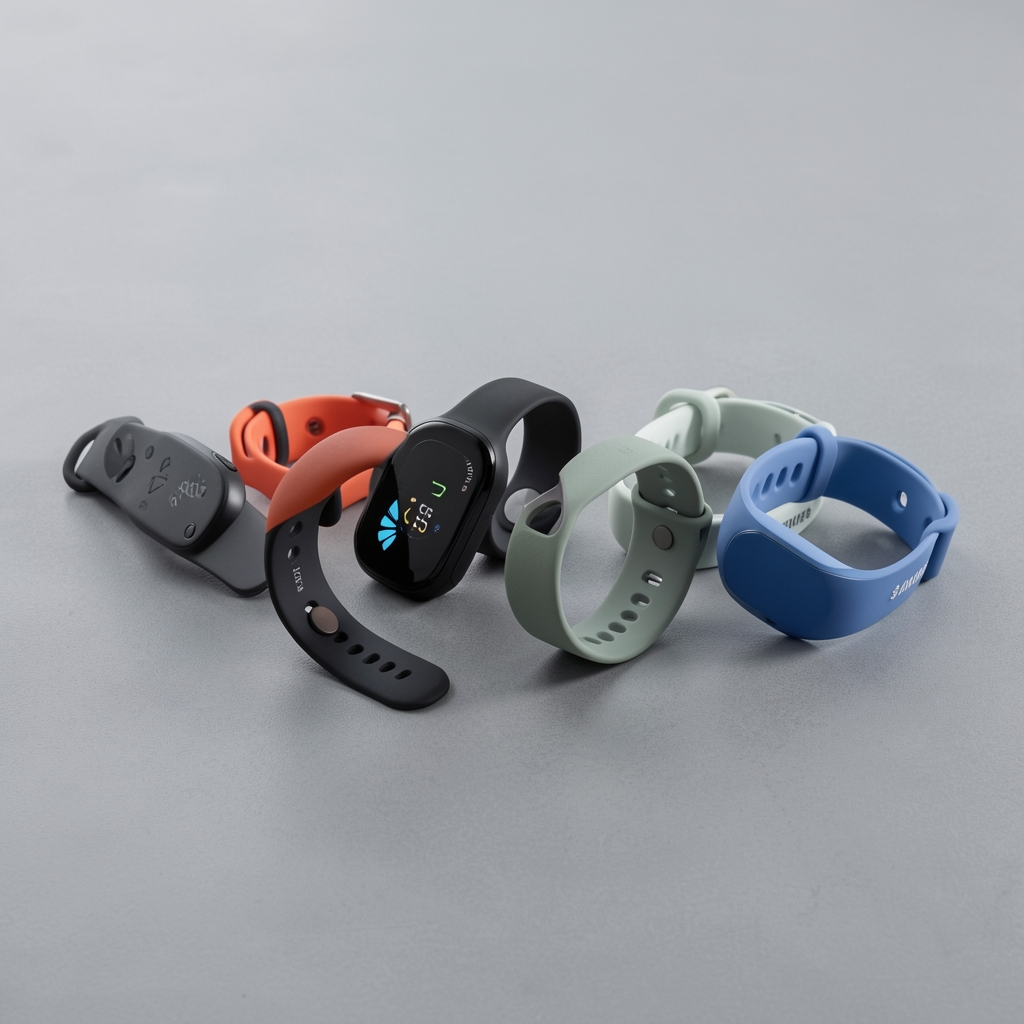 Pet različitih fitnes narukvica poređano na sivoj podlozi prikazujući Fitbit, Xiaomi, Huawei, Garmin i Samsung modele