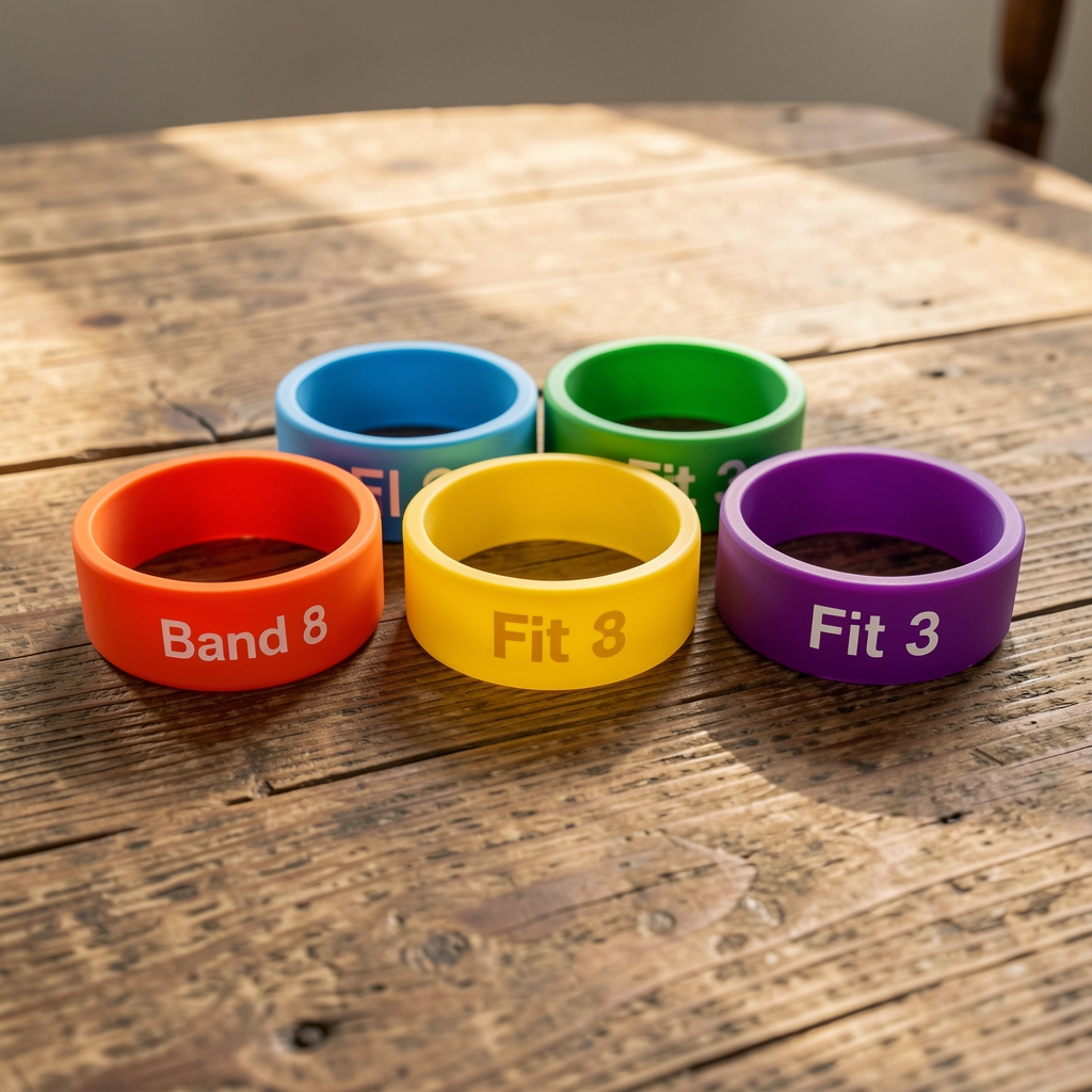 Kolekcija fitnes narukvica na drvenom stolu: Fitbit Charge 6, Xiaomi Smart Band 8, Samsung Galaxy Fit 3 u jarkim bojama