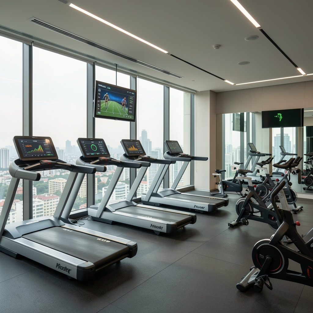Moderno opremljen fitnes centar sa tredmilima, sobnim biciklima i digitalnim ekranima koji prikazuju sportske metrike, panoramski prozori sa pogledom na grad