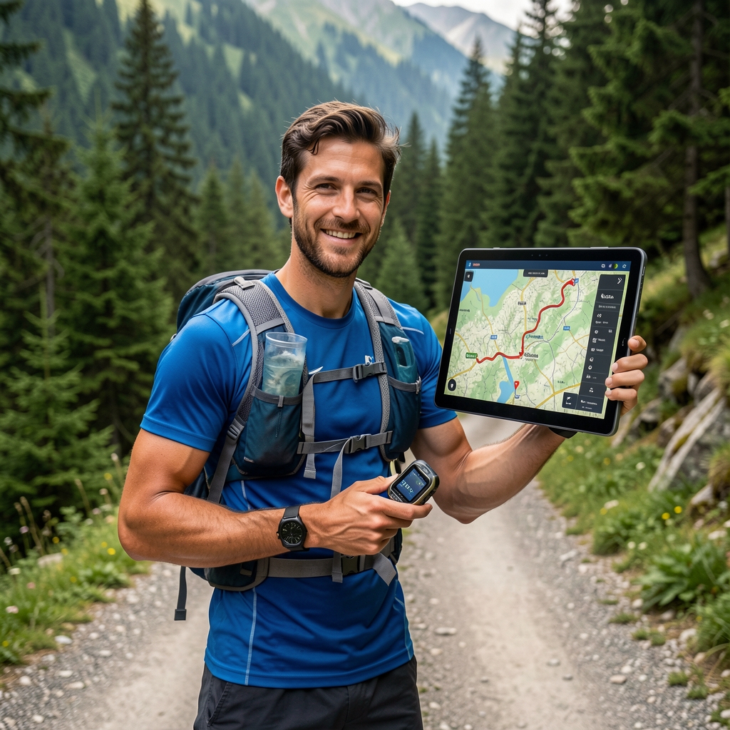 Sportista na planinskom putu sa GPS satom na ruci, digitalna mapa staze prikazana na ekranu, zelena šumska pozadina