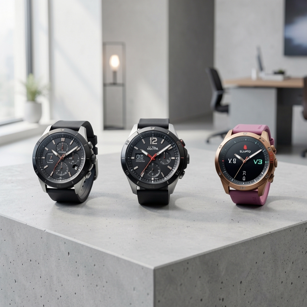 Kolekcija premium sportskih pametnih satova različitih brendova na betonskoj podlozi: Garmin Fenix 7, Apple Watch Ultra, Polar Vantage V3 i Suunto 9 Peak Pro