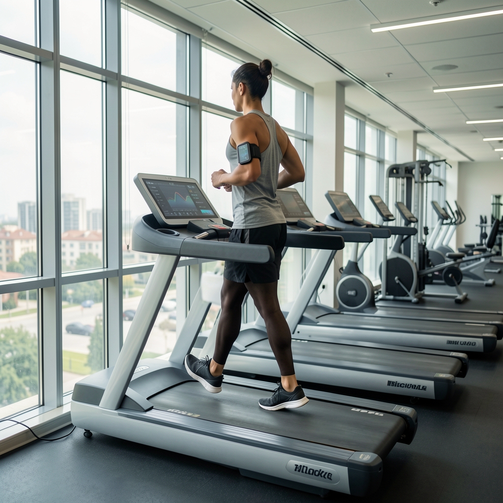 Profesionalna traka za trčanje u modernoj svetloj teretani sa panoramskim prozorima, osoba trči na treadmillu sa srčanim monitorom na zglobu