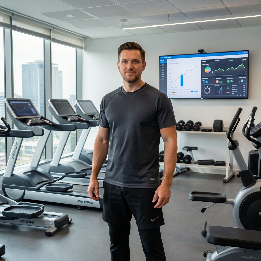 Zentrivo tim stručnjaka za fitnes tehnologije u modernom kancelarijskom prostoru u Novom Sadu, okruženi fitnes uređajima i analitičkim ekranima