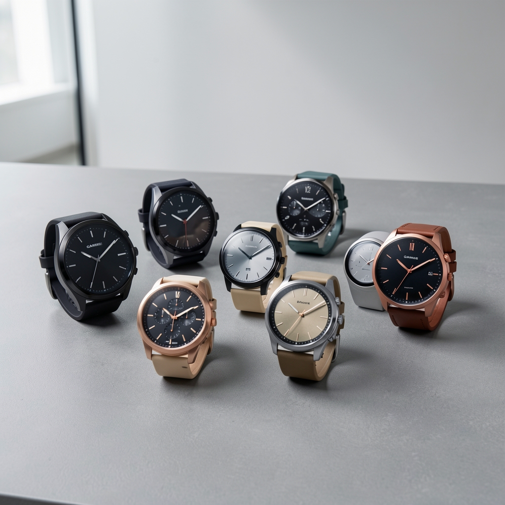 Kolekcija različitih pametnih satova različitih brendova poređana na sivoj podlozi, uključujući Garmin, Apple i Samsung modele