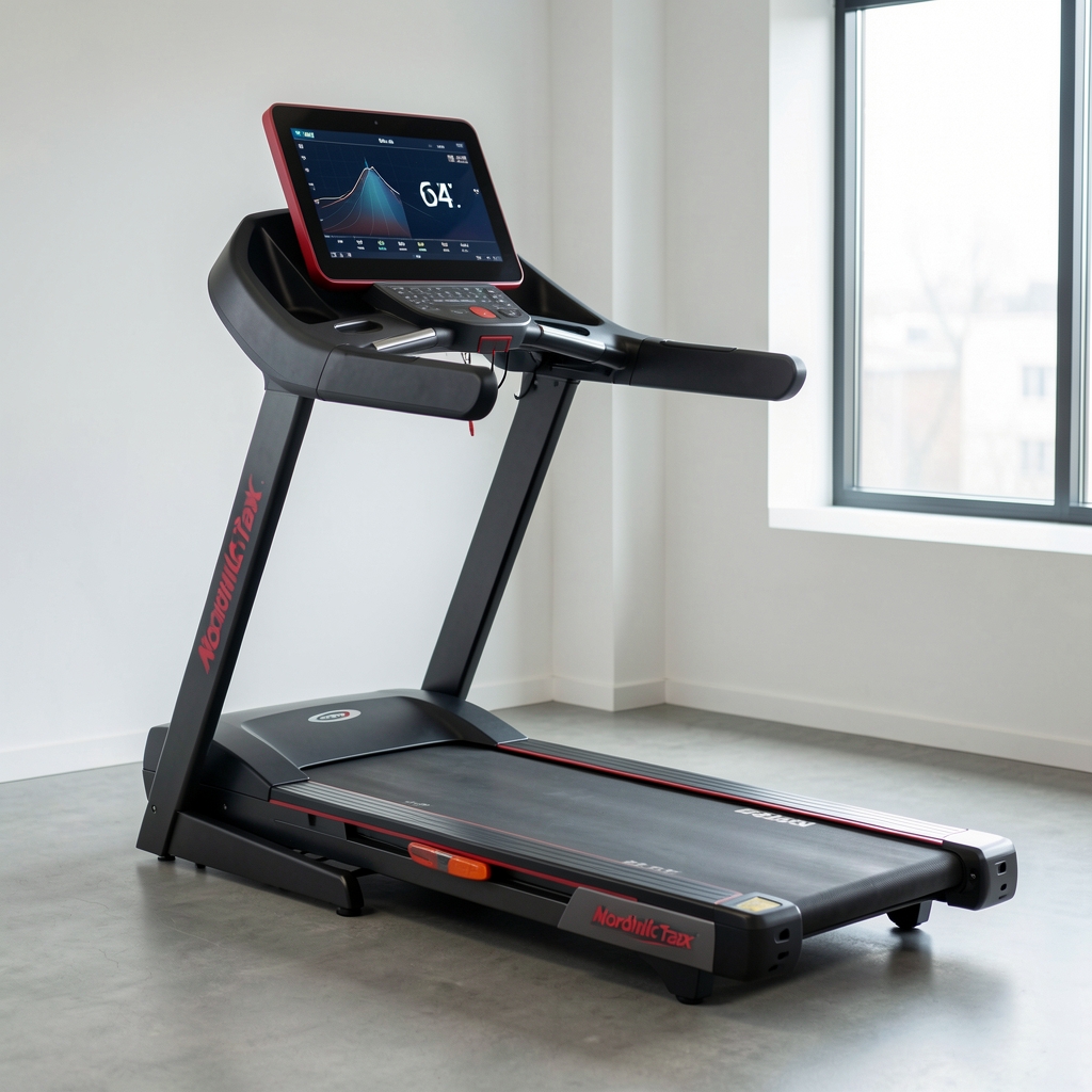 NordicTrack Commercial 1750 treadmill sa 14-inčnim touchscreen ekranom, crno-crveni dizajn, automatski nagib do 15%