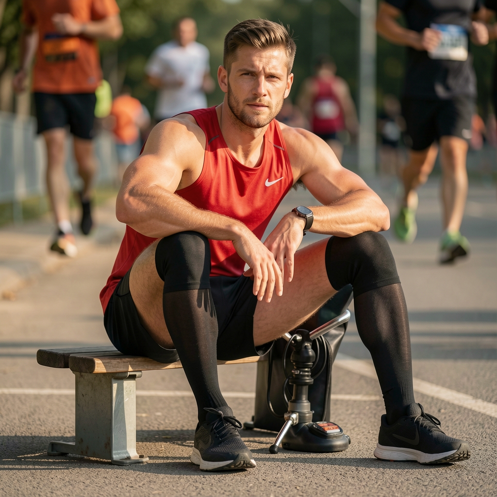 Hyperice Normatec 3 Legs pneumatski kompresioni sistem za noge u crnoj boji, sportista sedi i nosi čarape za kompresiju posle maratona