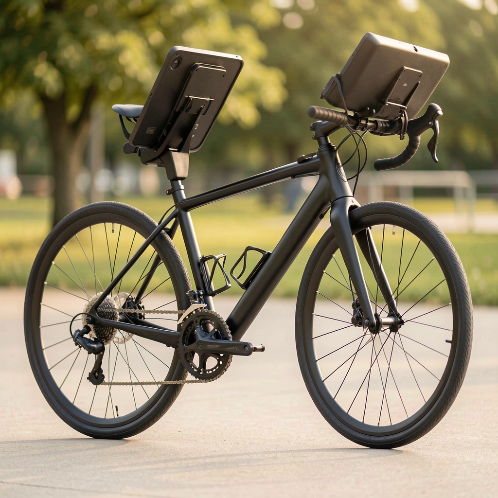 Peloton Bike Plus sobni bicikl sa 24-inčnim ekranom nagnutim prema korisniku, crni dizajn u svetlom studiju za vežbanje