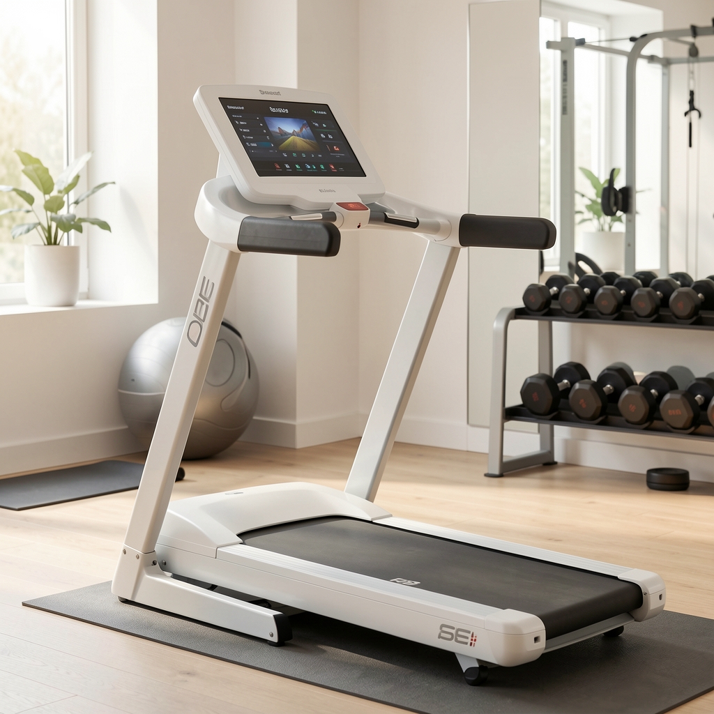 Sole F80 treadmill u svetloj kućnoj teretani, beli okvir sa LCD ekranom, kompaktan dizajn za kućnu upotrebu