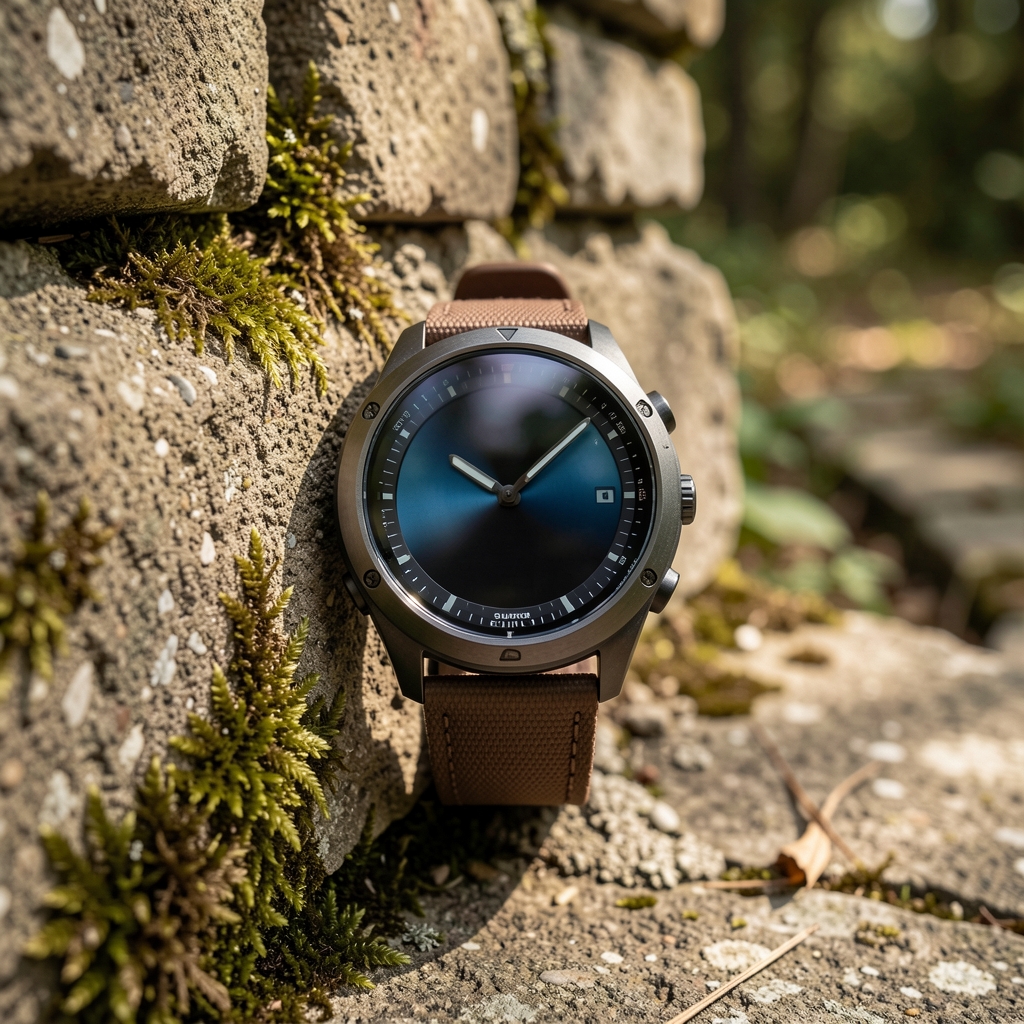 Suunto 9 Peak Pro planinarski pametni sat sa smeđim remenom i sapfirom stakla na betonskoj steni u prirodi