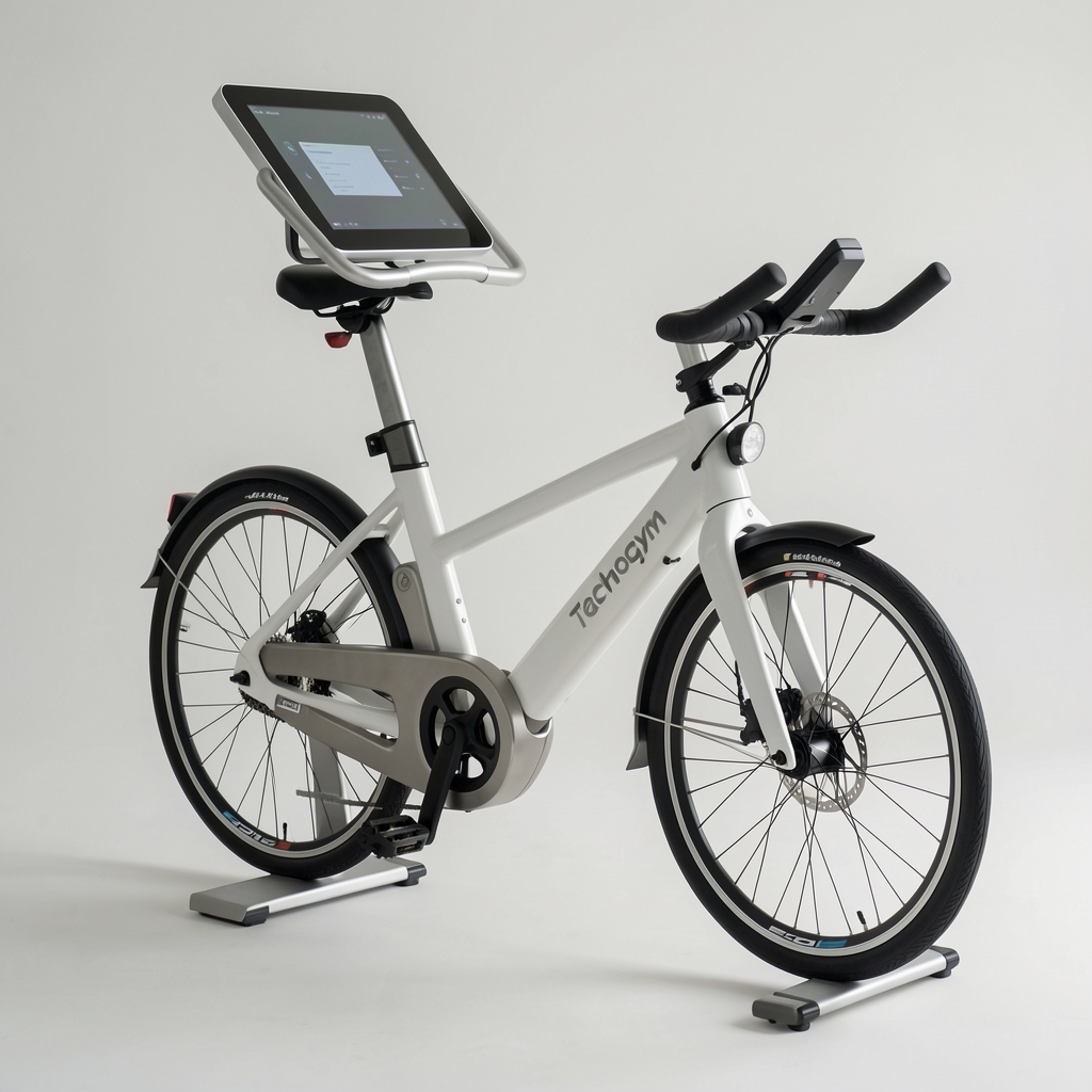 Technogym MyCycling sobni bicikl sa belim i srebrnim dizajnom, touchscreen konzolom i minimalističkim studio izgledom
