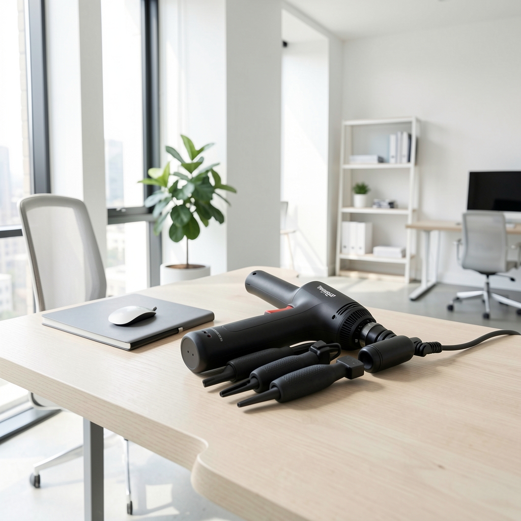 Theragun Pro plus masažni pištolj sa ergonomskim ručicama u obliku slova L, crni mat finish, šest nastavaka na sivoj površini