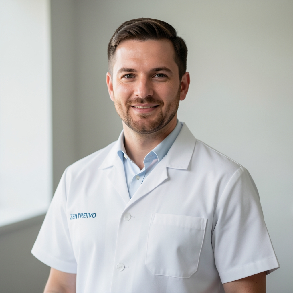 Marko Petrović, fizioterapeut i stručnjak za uređaje za oporavak na Zentrivo platformi, muškarac u bijeloj medicinskoj uniformi