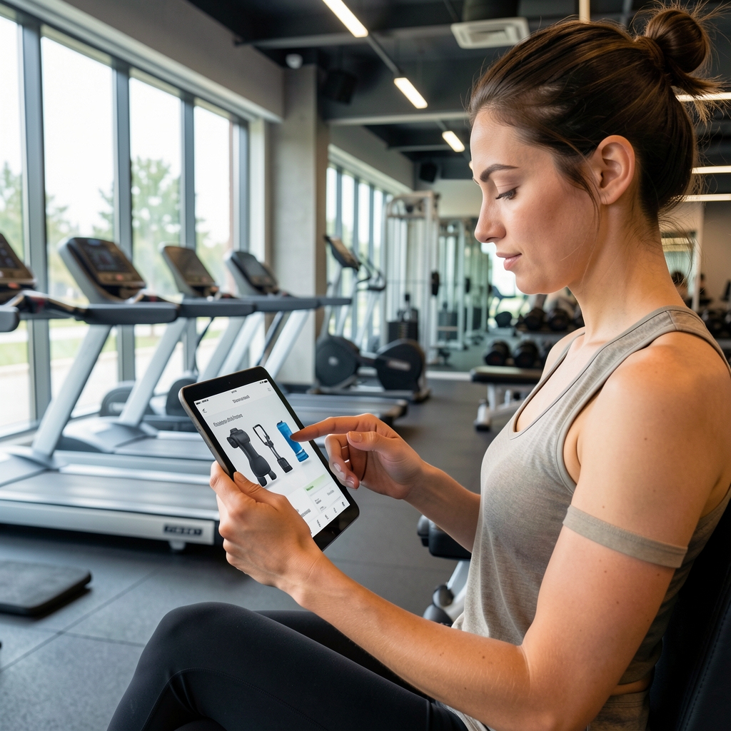 Osoba koja čita digitalni vodič za kupovinu fitnes opreme na tabletu u modernoj teretani